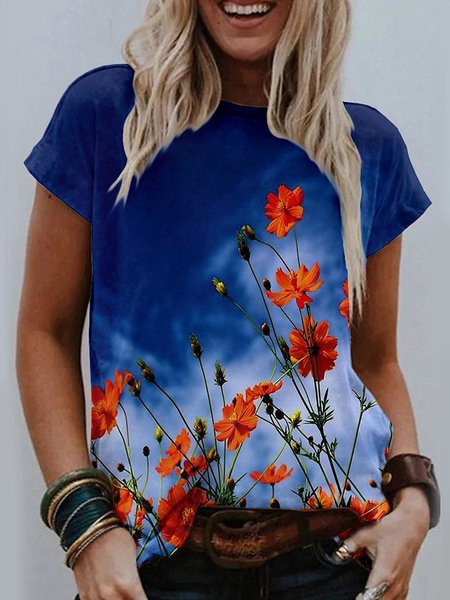 

Floral Printed Casual Loosen Short Sleeve T-Shirts, Blue, T-Shirts