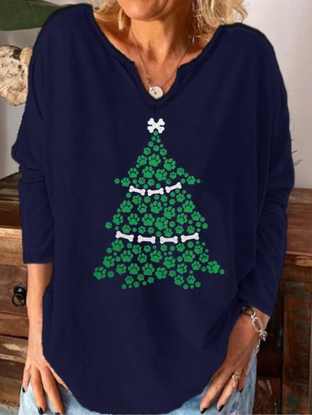 

Paw Christmas Tree Print Notched Neck Long Sleeve Shirt, Purplish blue, Hoodies&Sweatshirts