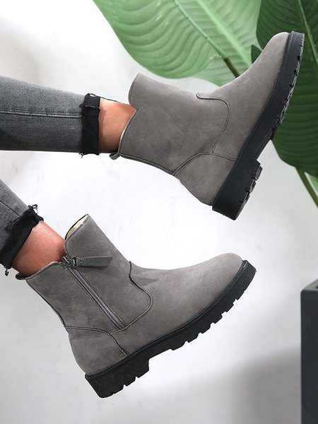 

Simple Suede Plus Velvet Warm Zipper Boots, Gray, Boots