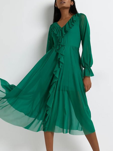 

Ruffle Collar Solid Loosen A-line Dress, As picture, Midi Dresses