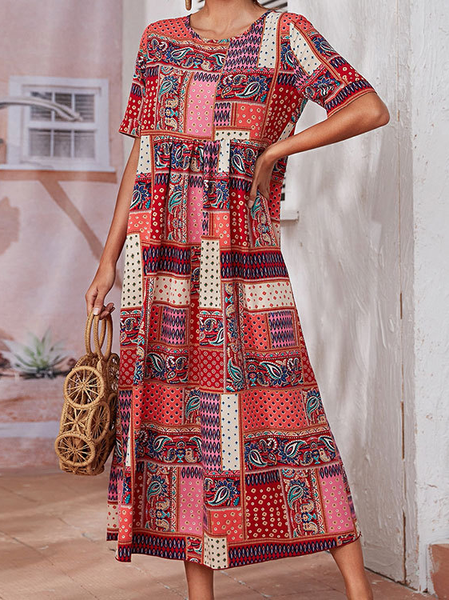 

Boho Vintage Crew Neck Vacation Dresses, Red, Dresses