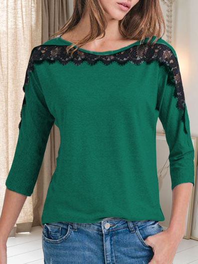 

Elegant Shirts & Tops Black lace hollow stitching T-shirt, Green, Tees & T-shirts