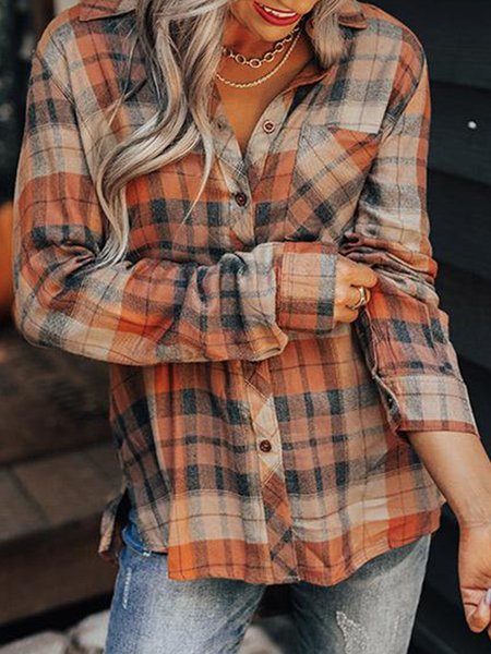 

Retro Plaid Print Button Long Sleeve Simple Blouse, Orange, Blouses & Shirts