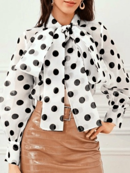 

Spring Elegant Date Daily Long sleeve Tie Neck Polka Dots Tops, White, Blouses and Shirts