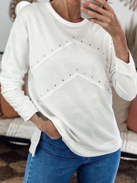 

Simple Plain Crew Neck Long Sleeve Tops, White, Tops