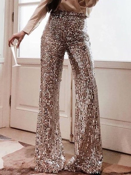 

Sequined High Waist Party Flared Pants, Rose gold, Pants