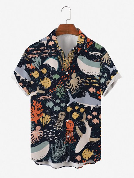 

Mens Jellyfish Octopus Print Retro Breathable Hawaiian Short Sleeve Shirt, Black, Men's Floral shirt