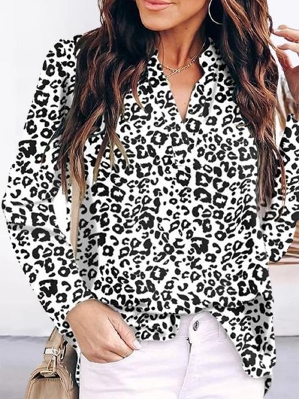 

Leopard Printed V Neck Casual Long Sleeves Women Tops, Black-white, Tops
