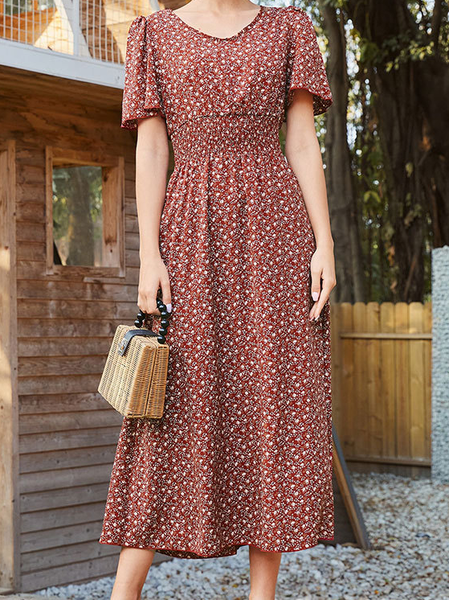 

Sweet Vacation Lady V Neck Chiffon Loosen Dresses, Maroon, Floral Dresses