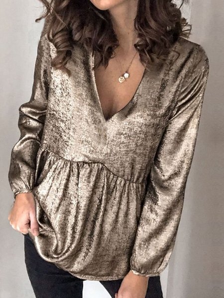

V Neck Casual Loosen Shirts & Tops, Golden, Tops