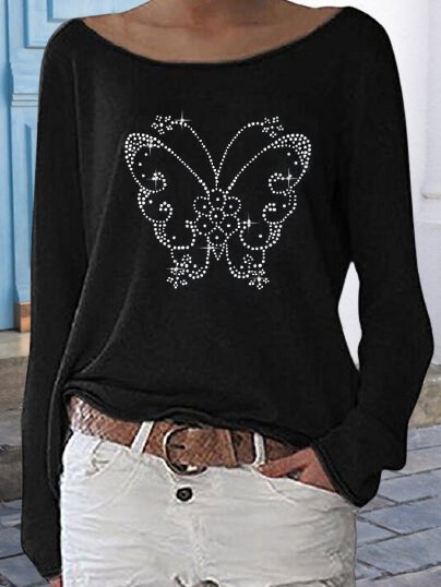 

Butterfly Printed Boat Neck Casual Long Sleeve Shirts & Tops, Black, Tees & T-shirts