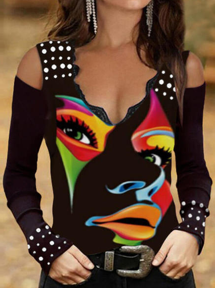 

V Neck Statement Regular Fit Shirts & Tops, Black, Tops