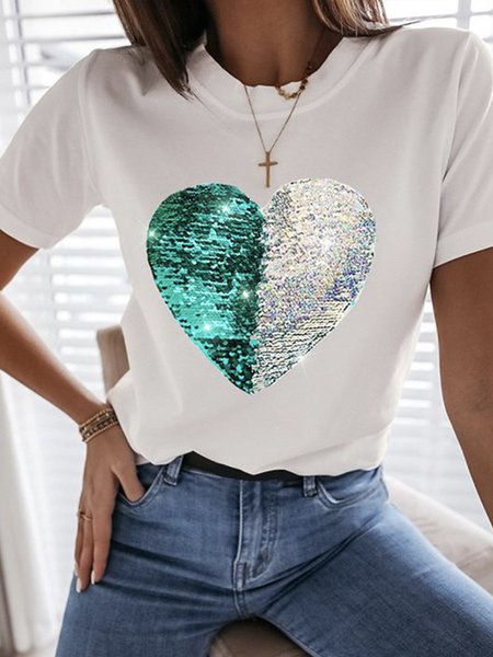 

Sequined Heart-Shaped Print Crew Neck Short Sleeve T-shirt, White, T-Shirts