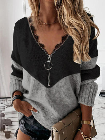 

Casual Loosen Geometric V Neck Color Block Sweater, Black-grey, Sweaters