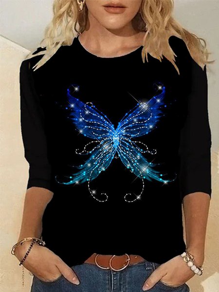 

Sequined Butterfly Pattern Round Neck Long Sleeve Tops, Black, Tops