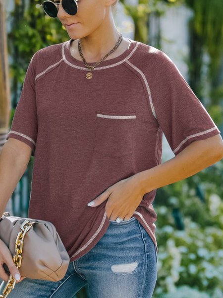 

Crew Neck Vacation Solid Shirts & Tops, Wine red, T-Shirts