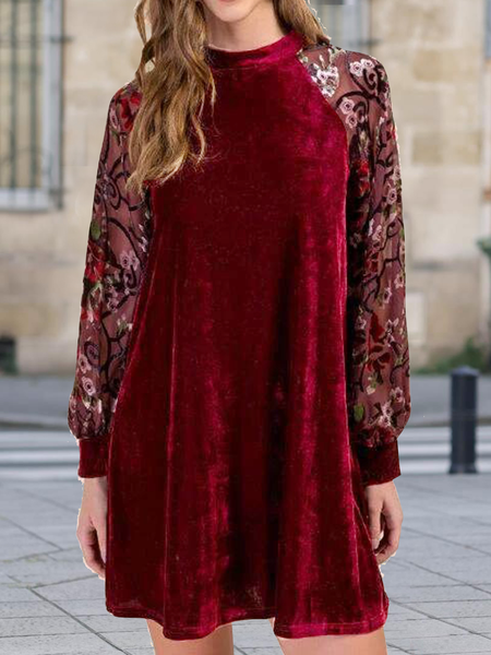

Long sleeve round neck gorgeous velvet Korean velvet plain fabric stitching geometric plant flower print a-hem dress Plus Size, Red, Mini Dresses