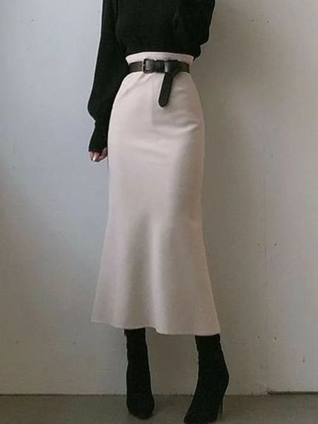 

Regular Fit Elegant Plain Skirts, White, Midi Skirts