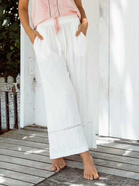 

Cotton blends Loosen Plain Pants, White, Pants