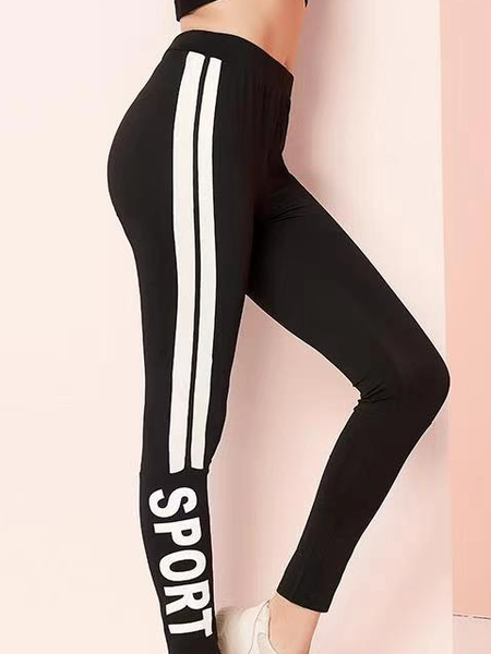

Striped alphabet slogan sports leggings, Black, Leggings