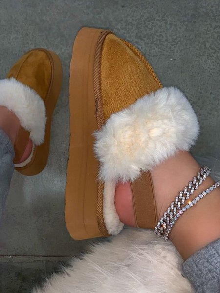 

Suede Stitching Plush Fleece Warm Flat Shoes, Brown, Slippers