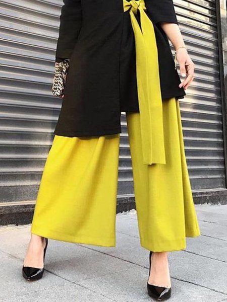 

Wide Leg Plain Statement Daily Pants, Yellow, Wide Leg Pants