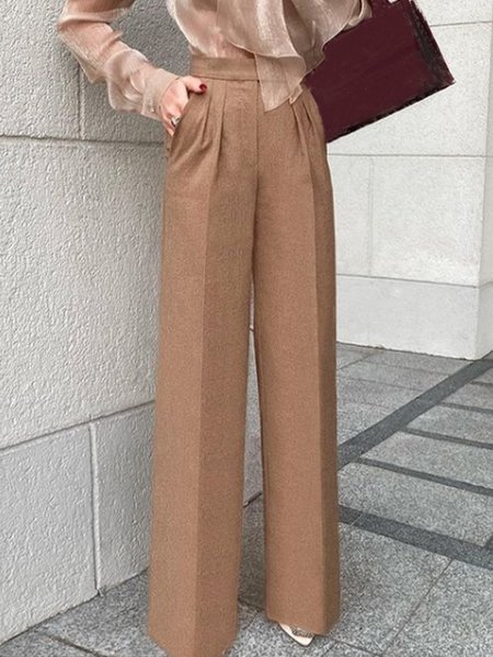 

Elegant Work Solid Pockets Straight Leg Pants, Khaki, Wide Leg Pants