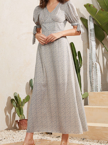 

Vacation Sweet Printed Elegant Chiffon Dresses, Light blue, Casual Dresses