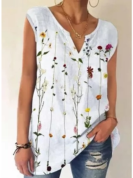 

Loosen Floral V Neck Sleeveless Shirts & Tops, White, Tops