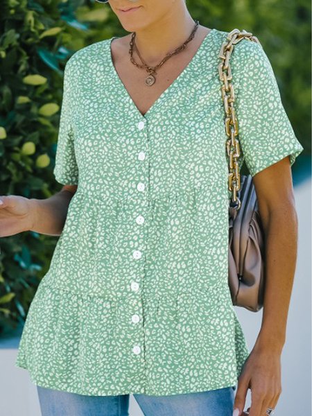 

V Neck Printed Vacation Shirts & Tops, Green, Shirts & Blouses