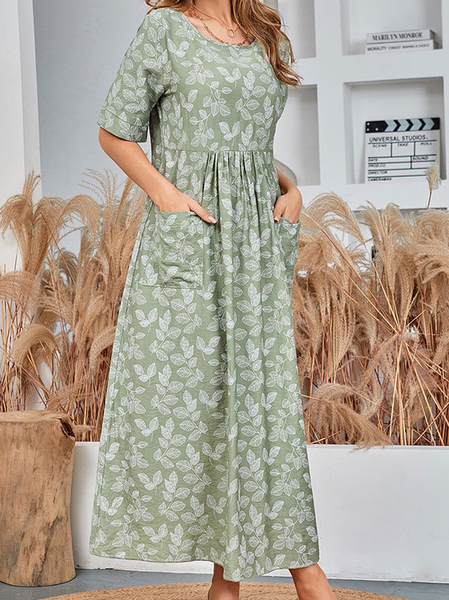 

Vacation Pastoral Lady Printed Crew Neck Dresses, Green, Floral Dresses