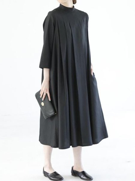 

Simple Stand Collar Statement Plain Midi Dress, Black, Midi Skirts