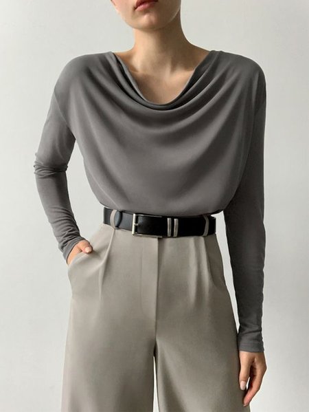 

Long Sleeve Casual Regular Fit Solid Top, Gray, Blouses and Shirts