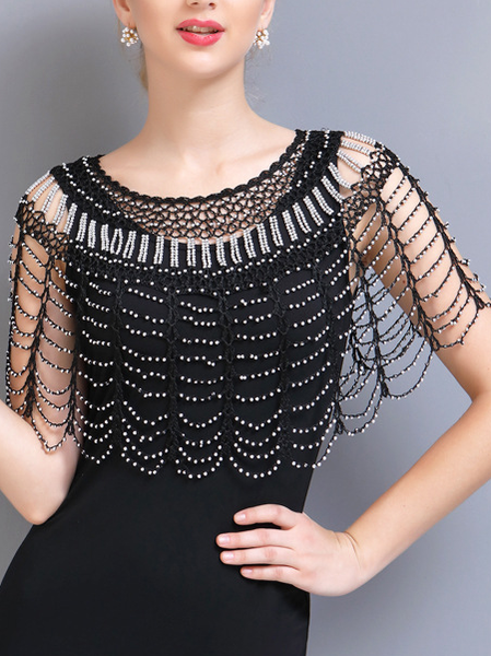 

Hand crocheted small shawl hollow hedging cape shawl wedding small shawl Hand crocheted beaded blouse small outer sequins, Black-silver, Scarves&Gloves