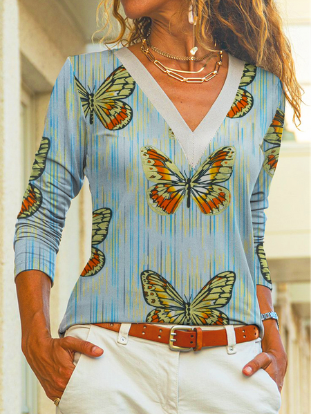 

Casual Butterfly V Neck Shirts & Tops, Blue, Tops