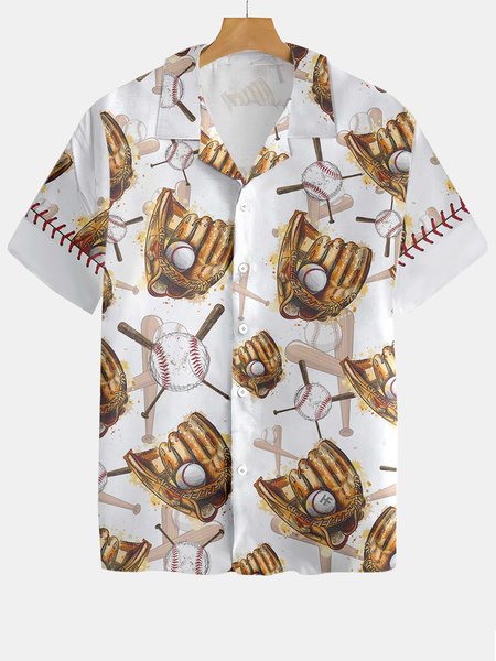 

Retro Baseball Hawaiian Short Sleeve Shirt, As picture, Men's Floral shirt