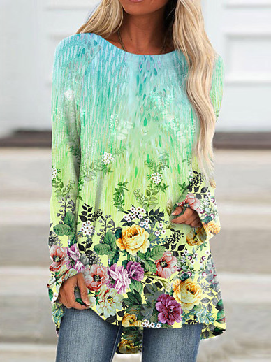 

Floral Long Sleeve Crew Neck Casual Shirts & Tops, Green, Tees & T-shirts