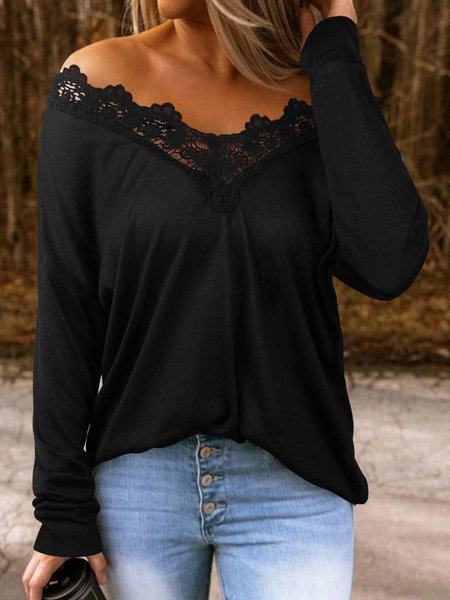 

Lace Collar Off Shoulder Casual Plain Tops, Black, Tops