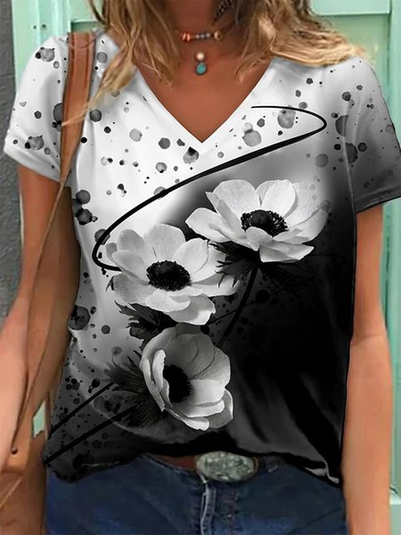 

Floral Color Block Casual Shirts & Tops, Black-white, Tops