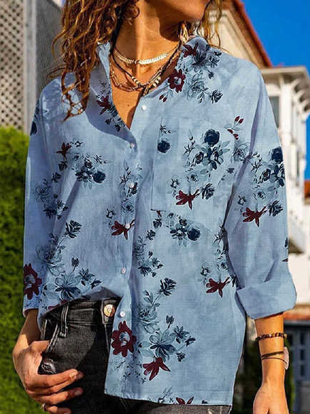 

Floral Cotton Blends Long Sleeve Loosen Lapel Shirts & Tops, Blue, Shirts & Blouses