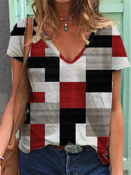 

Color Piece Casual V Neck Shirts & Tops, Multicolor, Tees & T-shirts