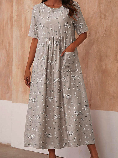 

Printed Loosen Crew Neck Dresses, Gray, Floral Dresses