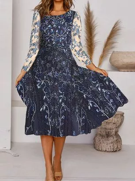 

Floral Scoop Neckline Long sleeve Casual Dresses, Blue, Midi Dresses