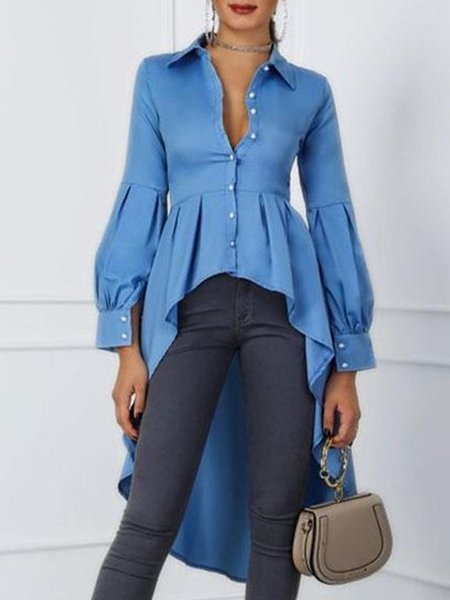 

Elegant Slim Fit Solid Long Sleeve Top, Blue, Blouses and Shirts
