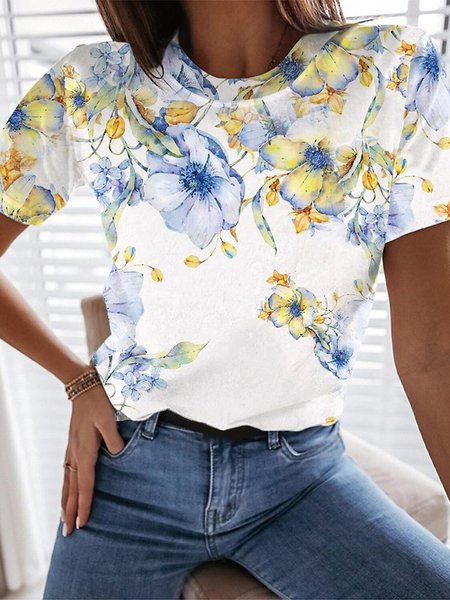 

Casual Crew Neck Floral T-shirt, White, Tees & T-shirts