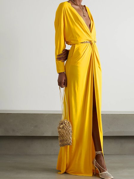 

V neck Party Slit Long sleeve Dress, Yellow, Maxi Dresses