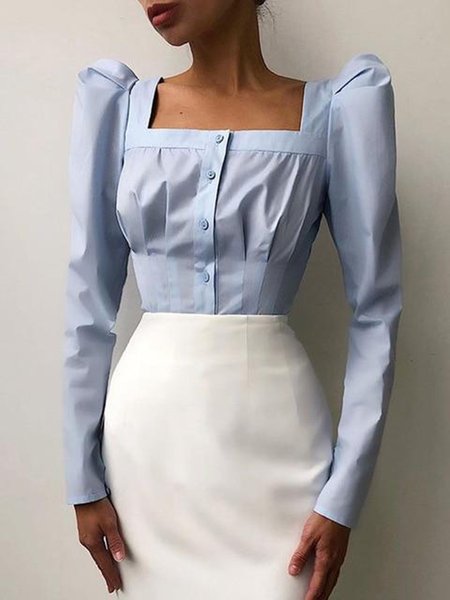 

Square neck Elegant Solid Regular fit Shirt, Blue, Blouses and Shirts