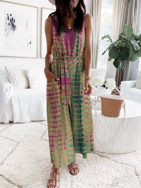 

Tie-dyed Sleeveless V Neck Vacation Loosen Maxi Dresses, As picture, Maxi Dresses