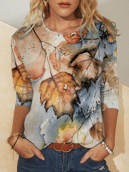 

Autumn Maple Leaf Print Ladies Crew Neck Shirts & Tops, As picture, Hoodies&Sweatshirts
