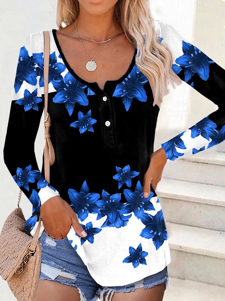 

Girocollo Floreale Casuale Top, Blu, T-shirts